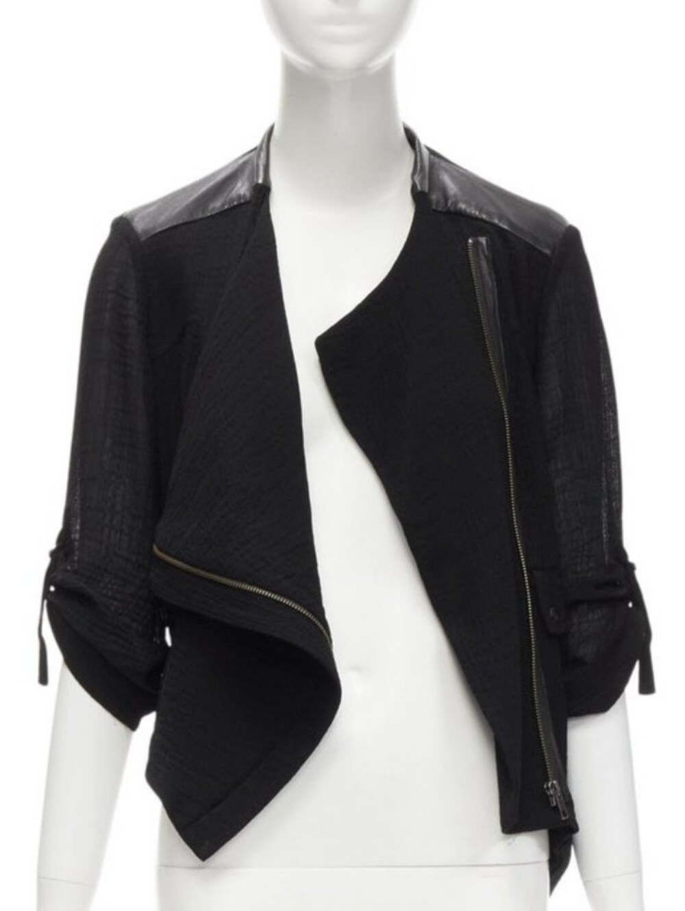Helmut Lang Black Leather Detail Bias Drape Biker Jacket Petite P
